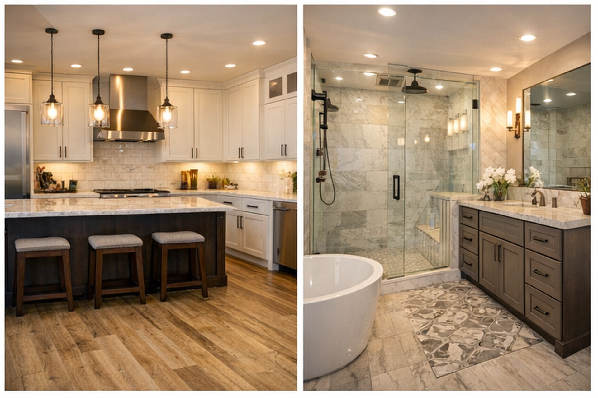 A side-by-side view of a luxury home renovation: Left, a modern kitchen with a dark wood island, white upper cabinets, marble countertops, and Edison bulb pendant lights. Right, a master bathroom featuring a freestanding soaking tub, glass-enclosed walk-in shower with marble tile, and a dark wood double vanity.
