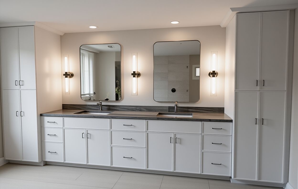 Modern master bathroom double vanity with white shaker cabinets, a dark gray wood-grain countertop, and integrated rectangular sinks. The design features vertical LED sconce lighting, rounded rectangular mirrors, and floor-to-ceiling linen cabinets for maximum bathroom storage.