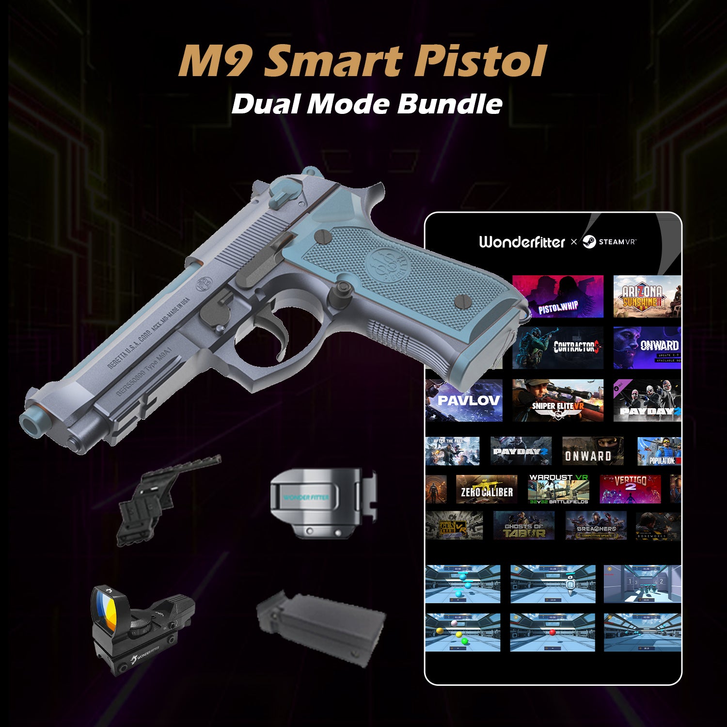Wonderfitter M9 smart pistol product photo on neutral background
