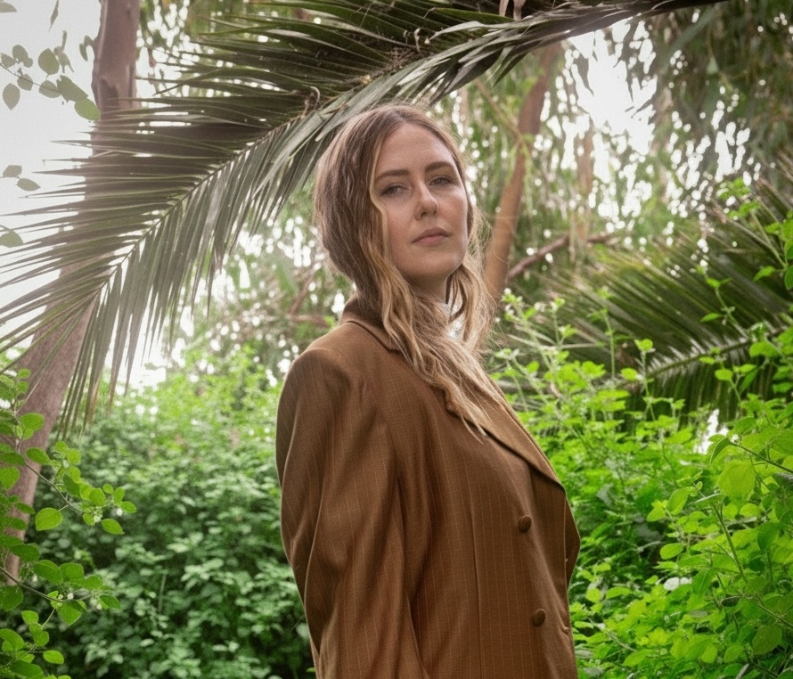 Woman with wavy blonde hair wearing a brown pinstripe blazer standing among green foliage and palm leaves.