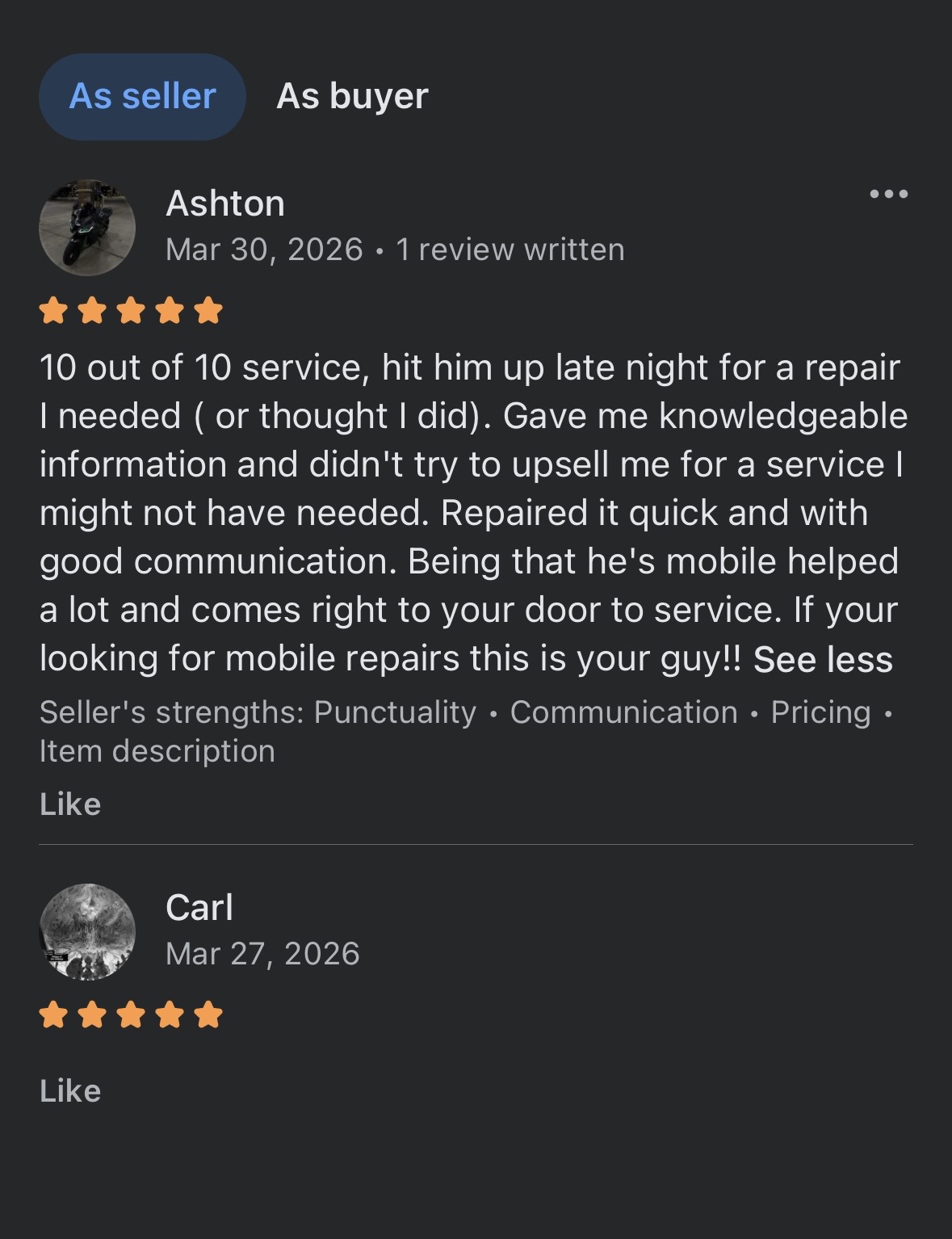 Screenshot of two five-star seller reviews dated March 2026 praising mobile repair service for knowledgeable, quick, and communicative support.