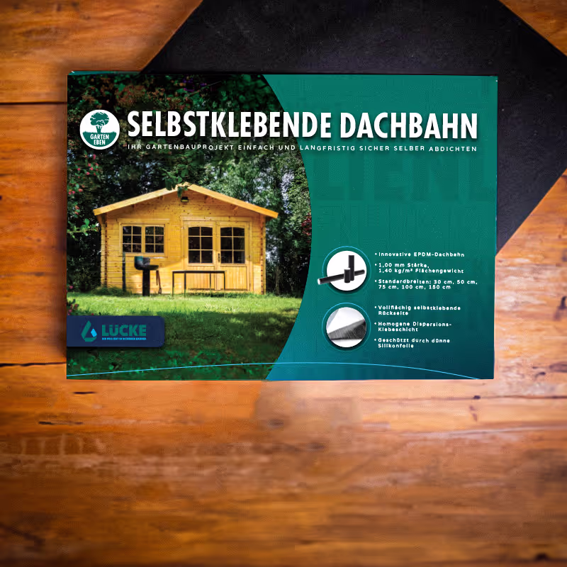 Package of self-adhesive roofing membrane showing a wooden garden shed in a green lawn with product features listed in German.