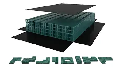 Explosionsgrafik mit Rigofill inspect Blöcken, Kunststoffdichtungsbahn und Rigoelen-Modularitätsbeispielen