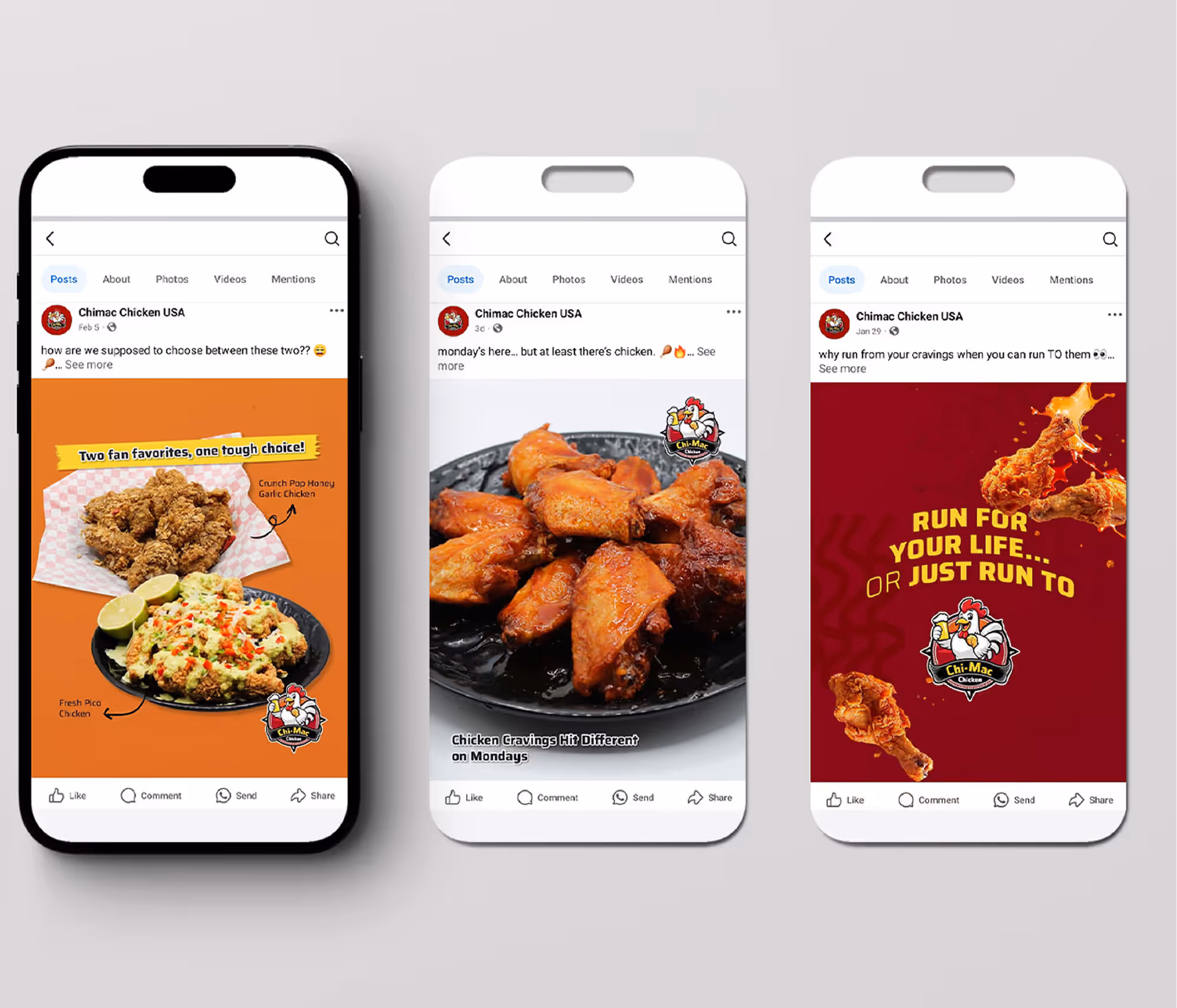 Three smartphones displaying Chimac Chicken USA Facebook posts featuring popcorn honey garlic chicken, spicy chicken wings, and a call to run for fried chicken with the Chimac Chicken logo.