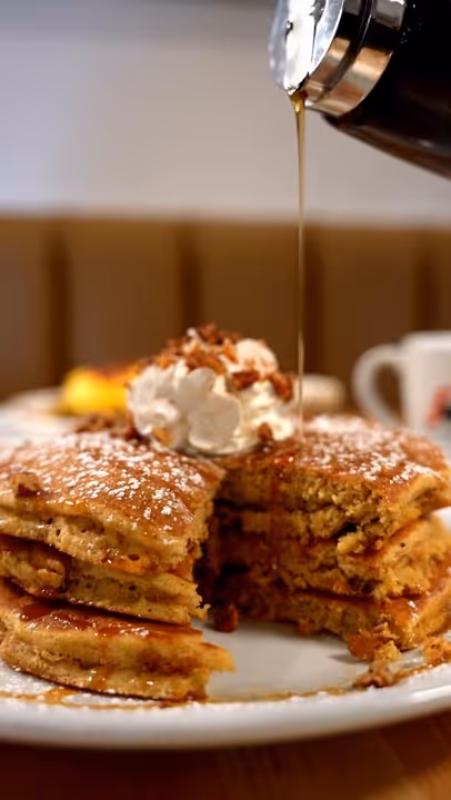 Stack of pancakes with powdered sugar, whipped cream, and syrup being poured on top.