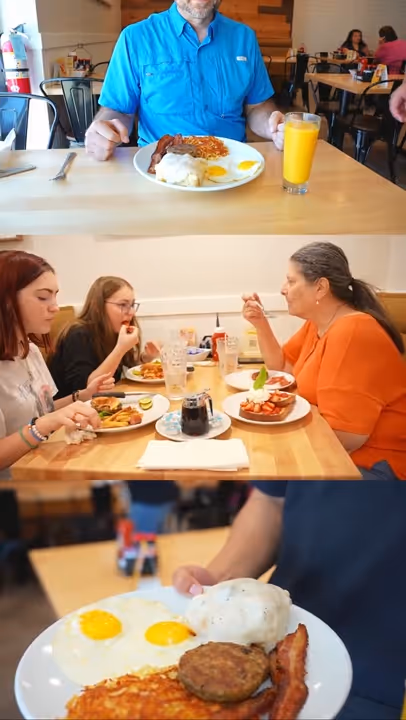 Collage of people eating breakfast in a diner, including a man with a plate of eggs, bacon, sausage, hash browns, biscuits with gravy, and a glass of orange juice, and a group of three women sharing a meal.