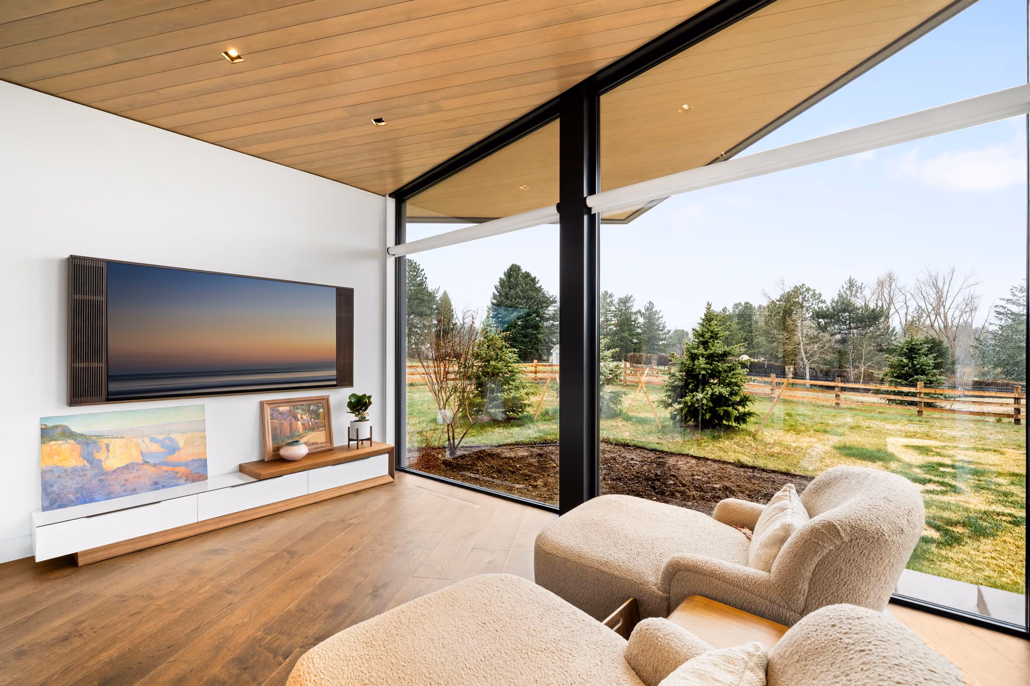Media room tv sunset content in a Cherry Hills Village smart home by QAV