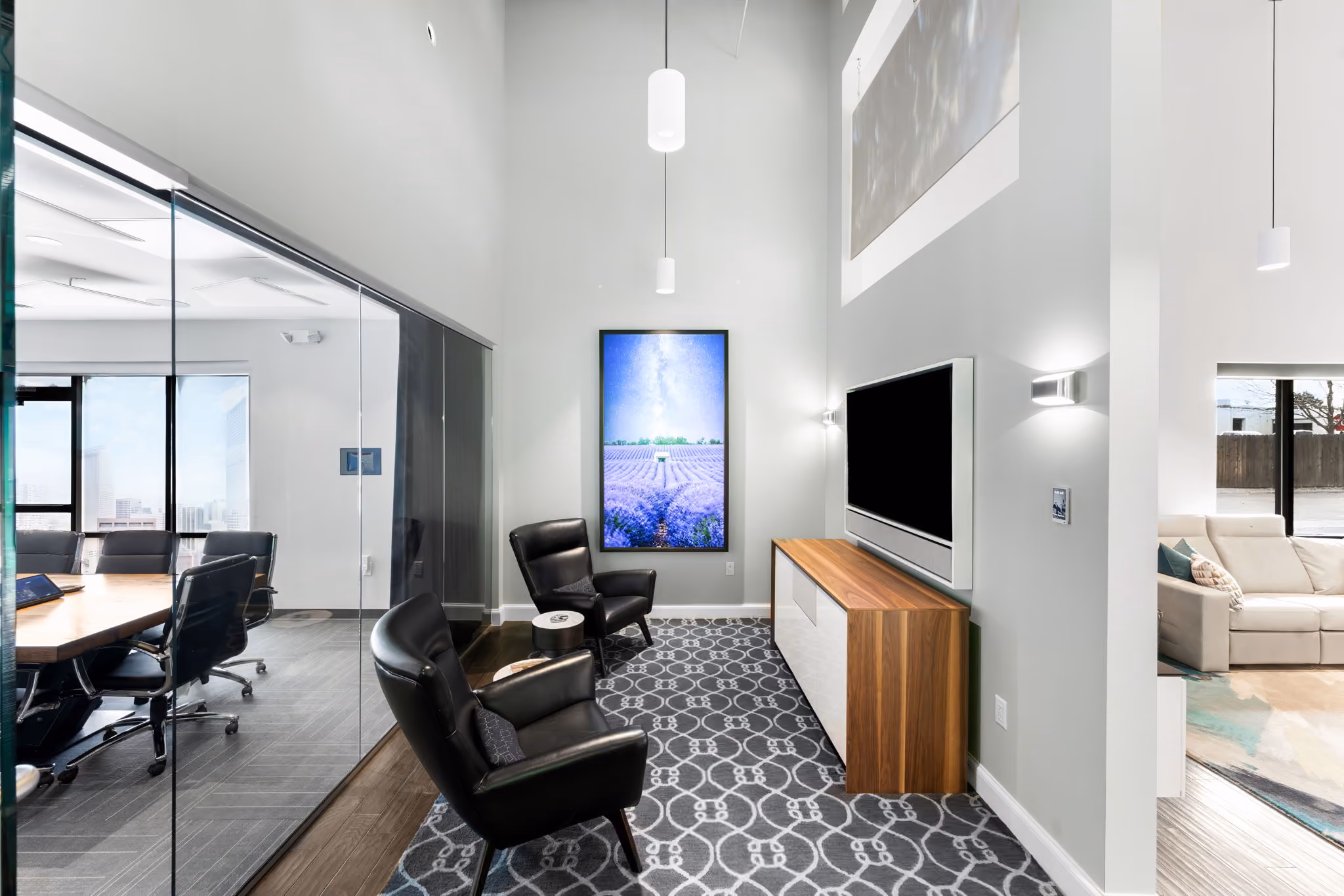 Corridor glass room tv leather chairs, the QAV process, delivered Done at Closing