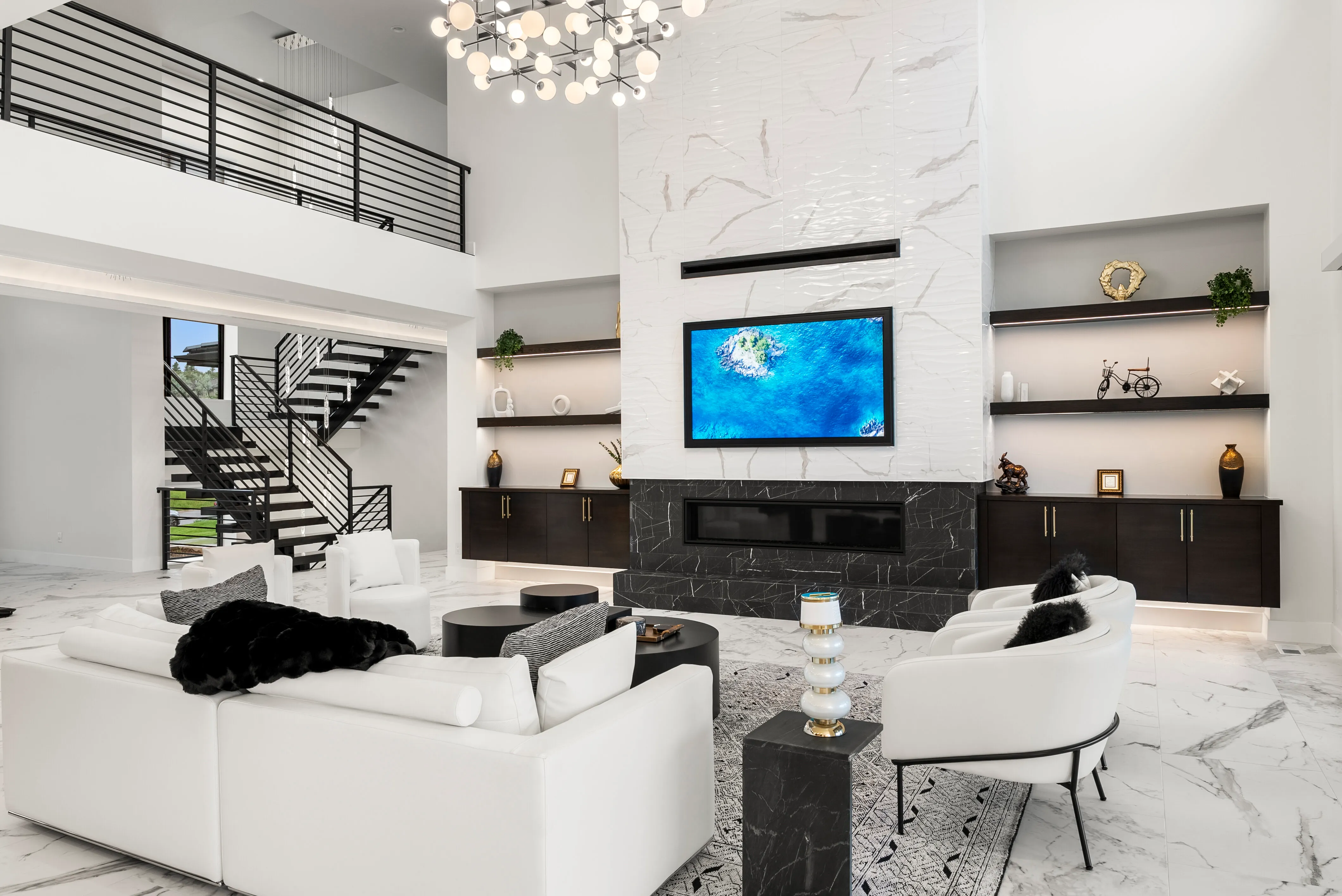 Living room staircase view in a Centennial smart home by QAV