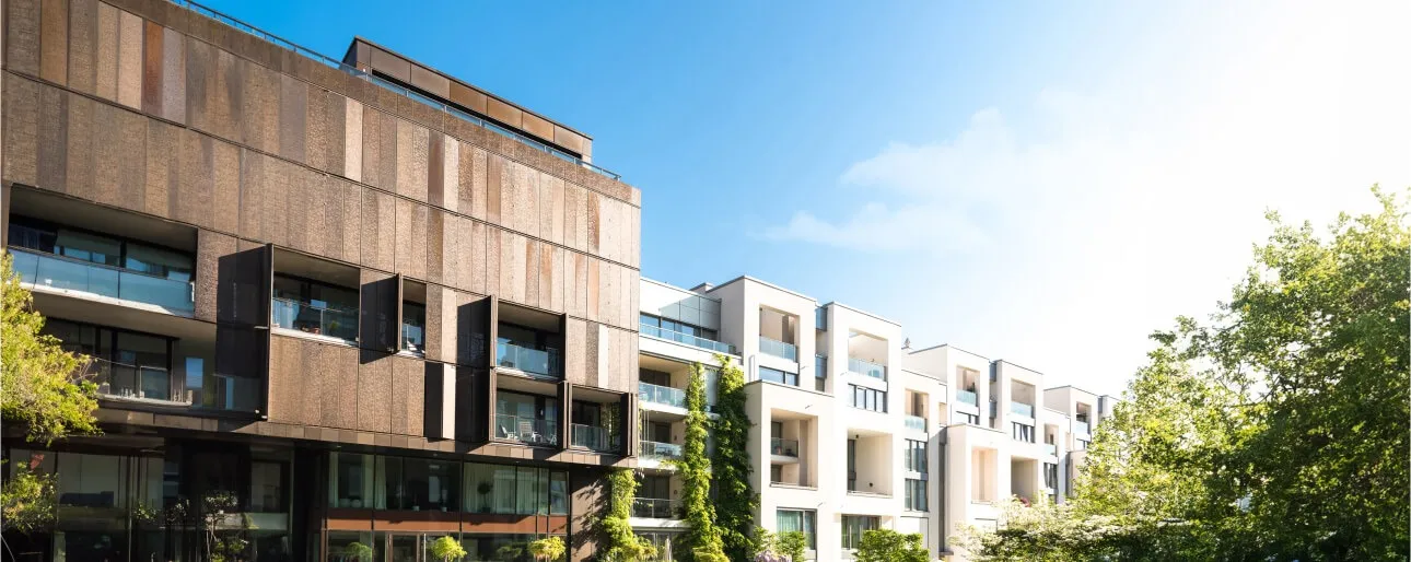 Modern apartment building exterior, luxury residential smart home technology by QAV in Colorado