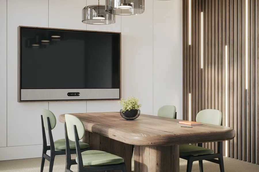 Huddle room framed tv soundbar wood, commercial AV and smart building technology by QAV in Colorado