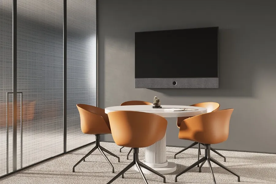 Huddle room tv soundbar round table, luxury residential smart home technology by QAV in Colorado