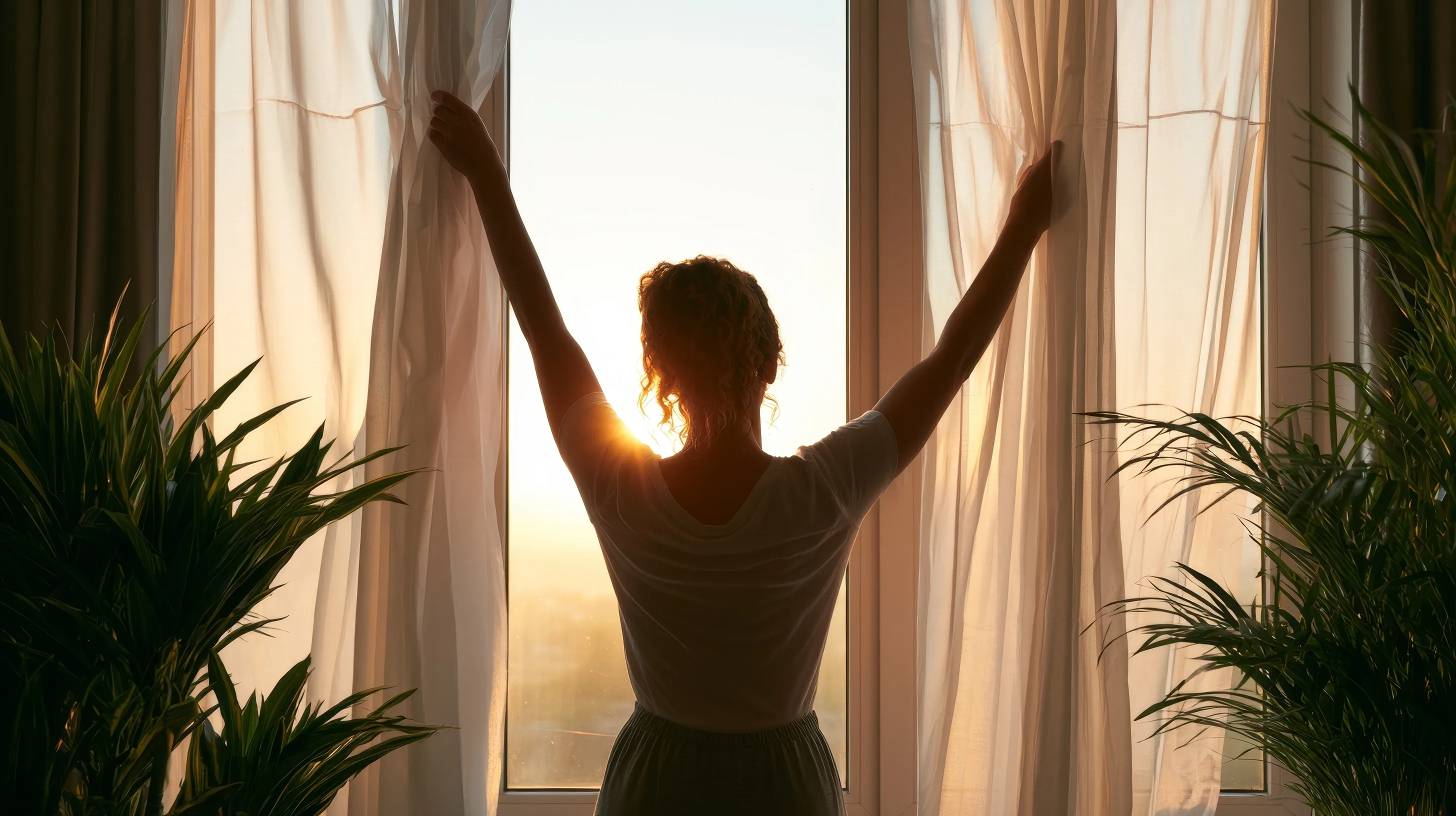 Woman waking up sunrise, home wellness technology by QAV in Colorado