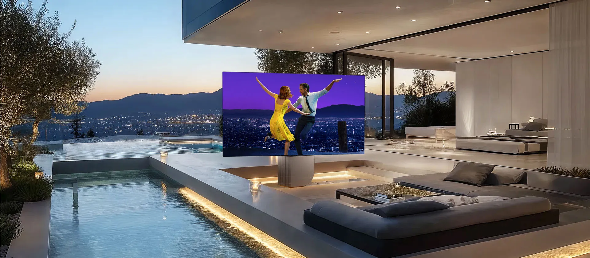Outdoor tv infinity pool dusk city, luxury outdoor living and entertainment by QAV in Colorado