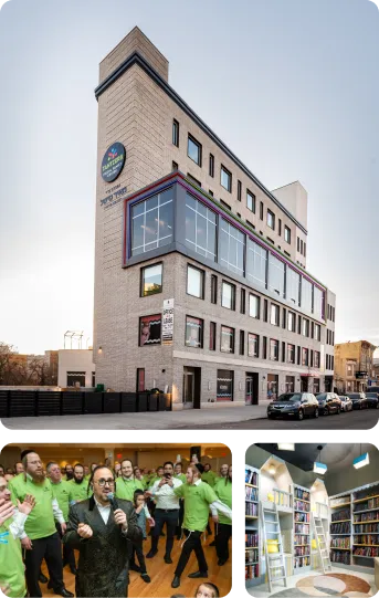 A tall brick building with a sign, a choir wearing green shirts singing, and a colorful library with bookshelves.