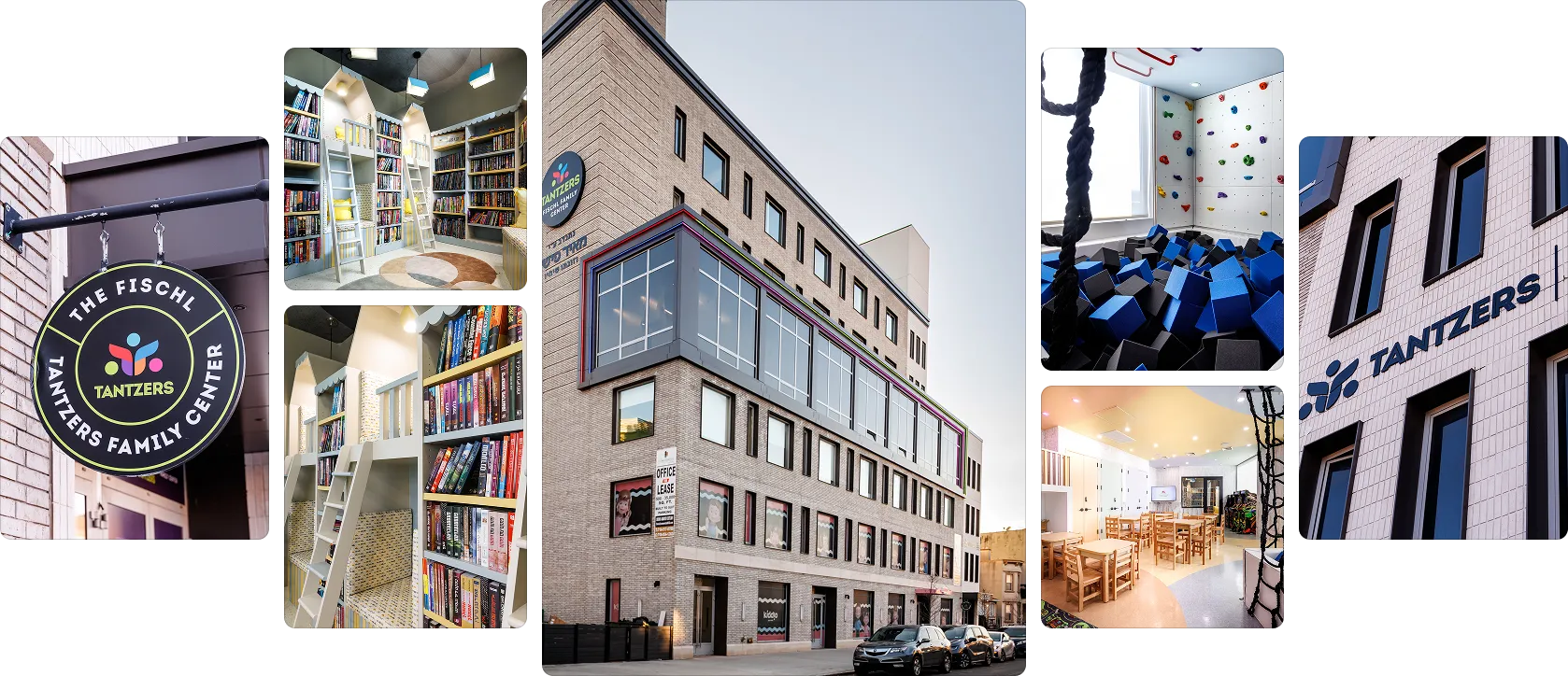 Exterior and interior views of Tantzers Family Center including building, library, classroom, climbing wall, and sign.