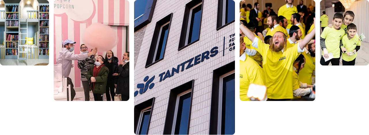 People enjoying cotton candy and celebrating, building with Tantzers sign, kids smiling in yellow shirts.