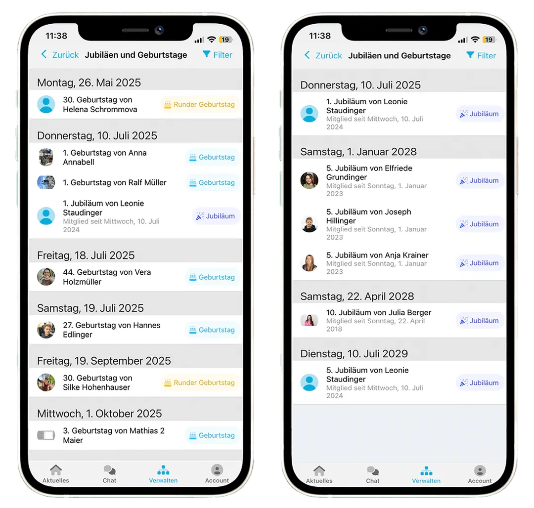 Jubiläumskalender in der mobilen App