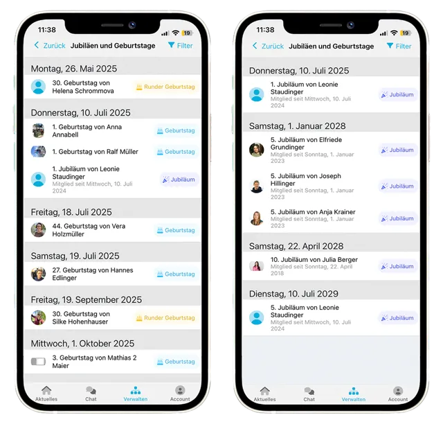 Jubiläumskalender in der mobilen App