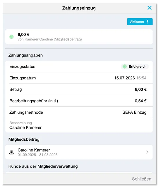 Übersicht des Zahlungseinzugs einer Mitgliedschaft | Vereinsplaner