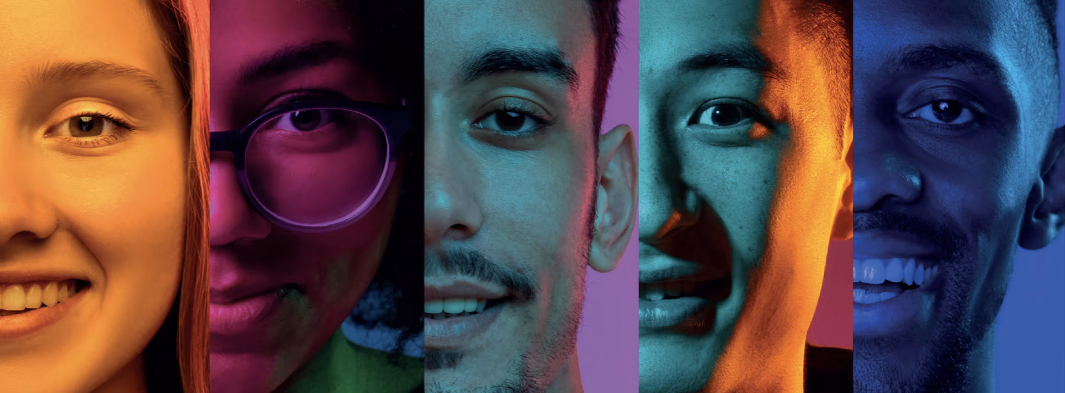 Collage mit fünf unterschiedlichen Gesichtern in bunten Farben als Symbol für Vielfalt und Diversität