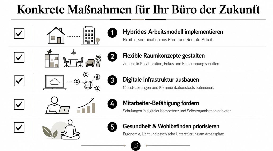 Eine Infografik mit fünf Schritten zur Gestaltung eines zukunftsfähigen und flexiblen Arbeitsplatzes für moderne Unternehmen.