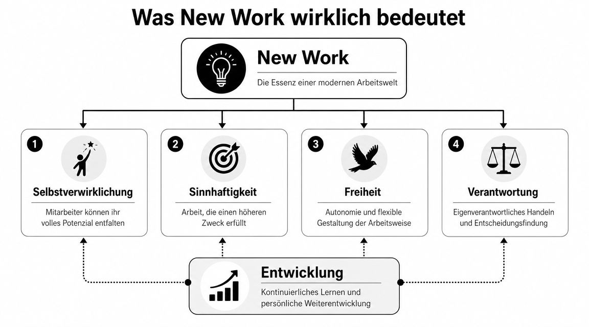 Ein Diagramm erklärt die vier Säulen von New Work: Selbstverwirklichung, Sinnhaftigkeit, Freiheit und Verantwortung sowie deren Weiterentwicklung.