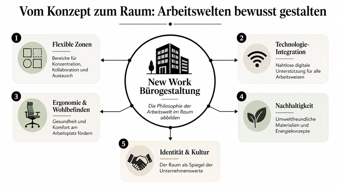 Eine Infografik über New Work Bürogestaltung mit fünf zentralen Gestaltungsaspekten für moderne Arbeitsumgebungen.