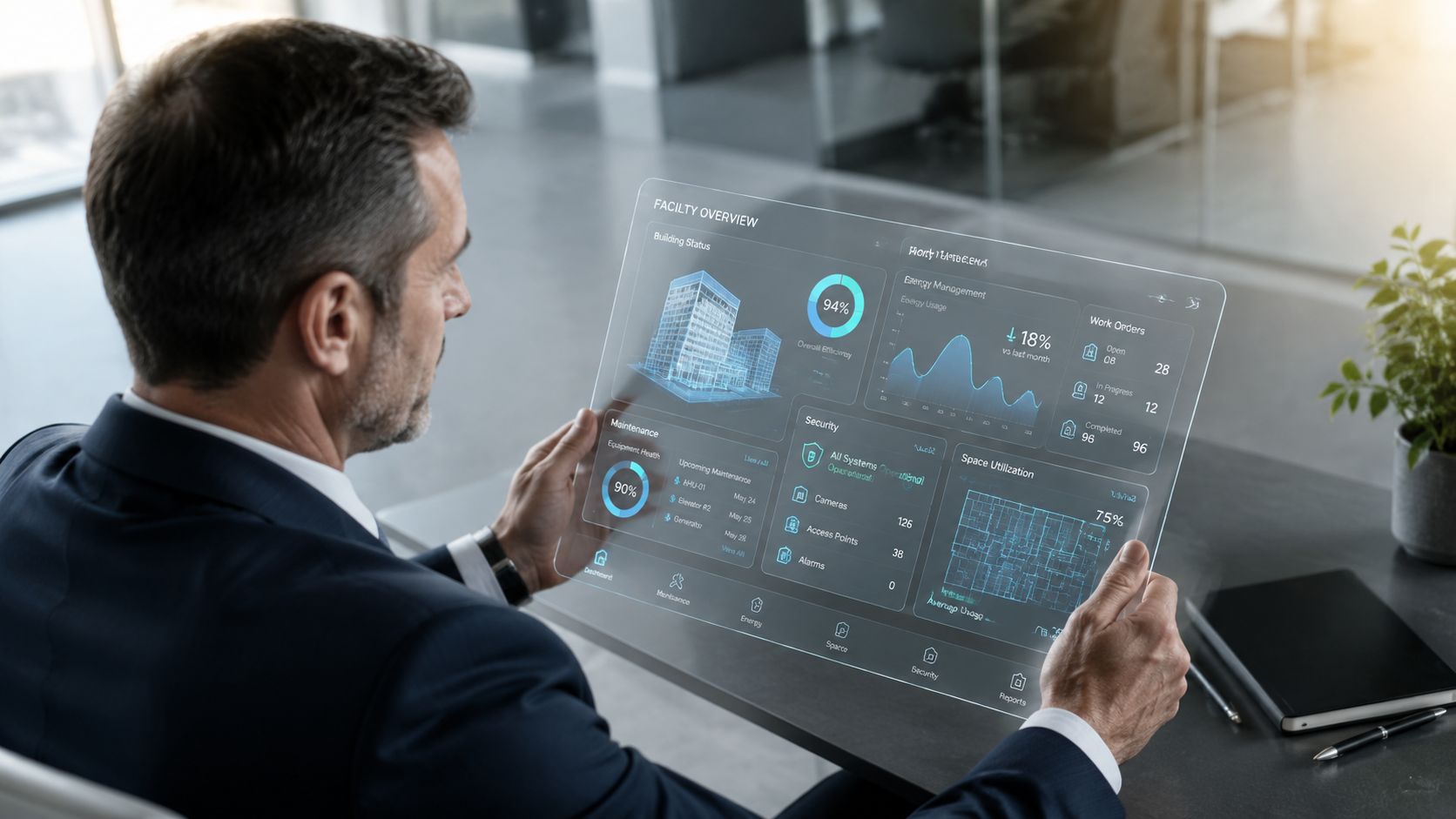Ein Geschäftsmann betrachtet ein transparentes digitales Dashboard mit Daten zur Gebäudeüberwachung in einem modernen Büro.