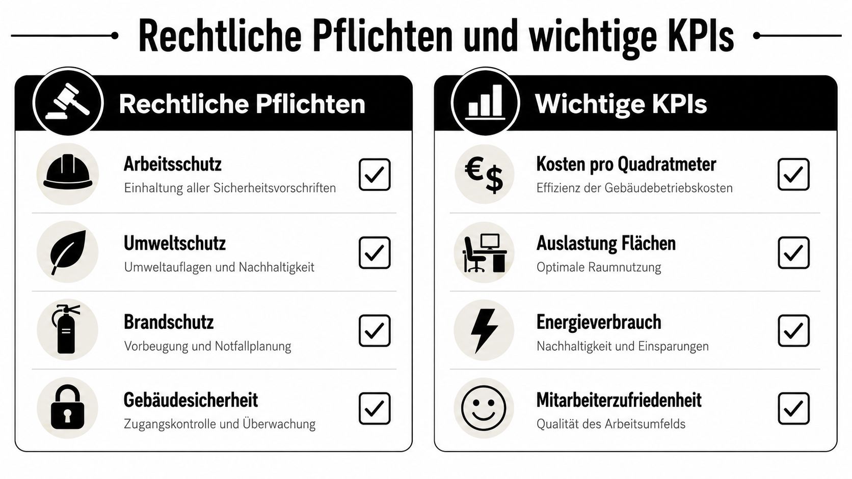 Eine Übersichtsgrafik mit rechtlichen Pflichten und wichtigen Kennzahlen für ein effektives Facility Management im Unternehmen.