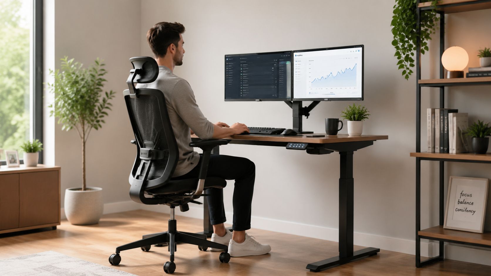 Ein Mann arbeitet an einem ergonomischen höhenverstellbaren Schreibtisch in einem hellen, modern eingerichteten Home Office.