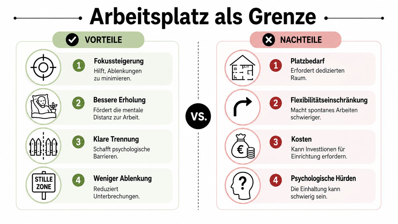 Eine Infografik mit den Vor- und Nachteilen der räumlichen Trennung von Arbeitsplatz und Privatleben.