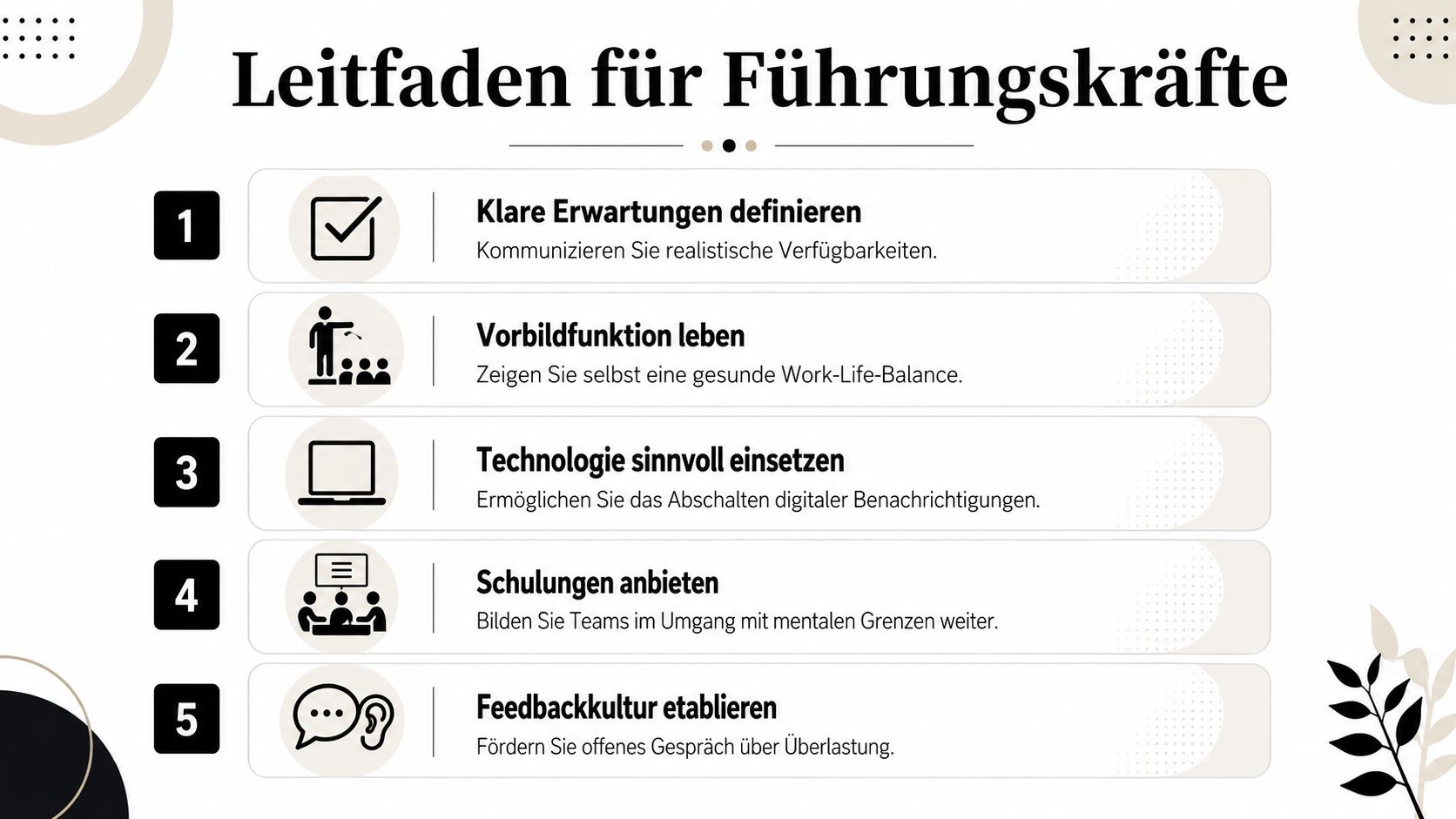 Eine Infografik mit fünf Tipps für Führungskräfte zur Förderung der Work-Life-Balance und mentalen Gesundheit am Arbeitsplatz.