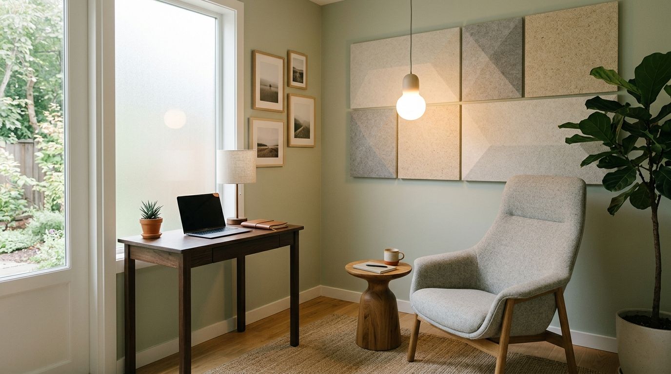 Ein gemütliches Heimbüro mit einem Schreibtisch, einem bequemen Sessel und natürlicher Beleuchtung in einem ruhigen Raum.