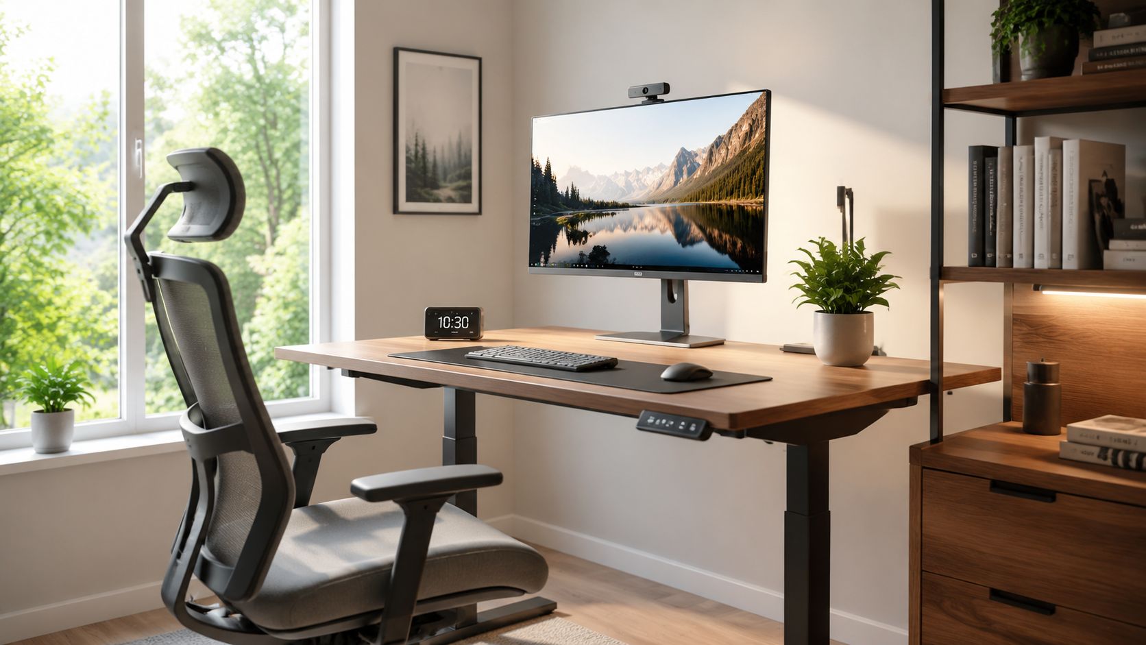 Ein moderner, heller Arbeitsplatz mit einem höhenverstellbaren Schreibtisch, einem ergonomischen Bürostuhl und einem Computerbildschirm vor einem Fenster.