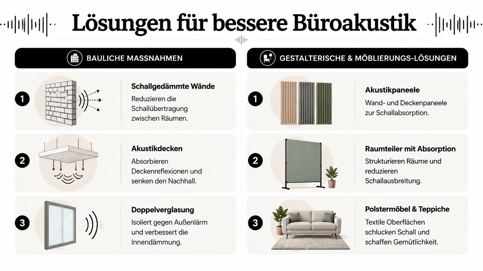 Eine grafische Übersicht mit baulichen Maßnahmen und Gestaltungslösungen für eine verbesserte Akustik in modernen Bürogebäuden.