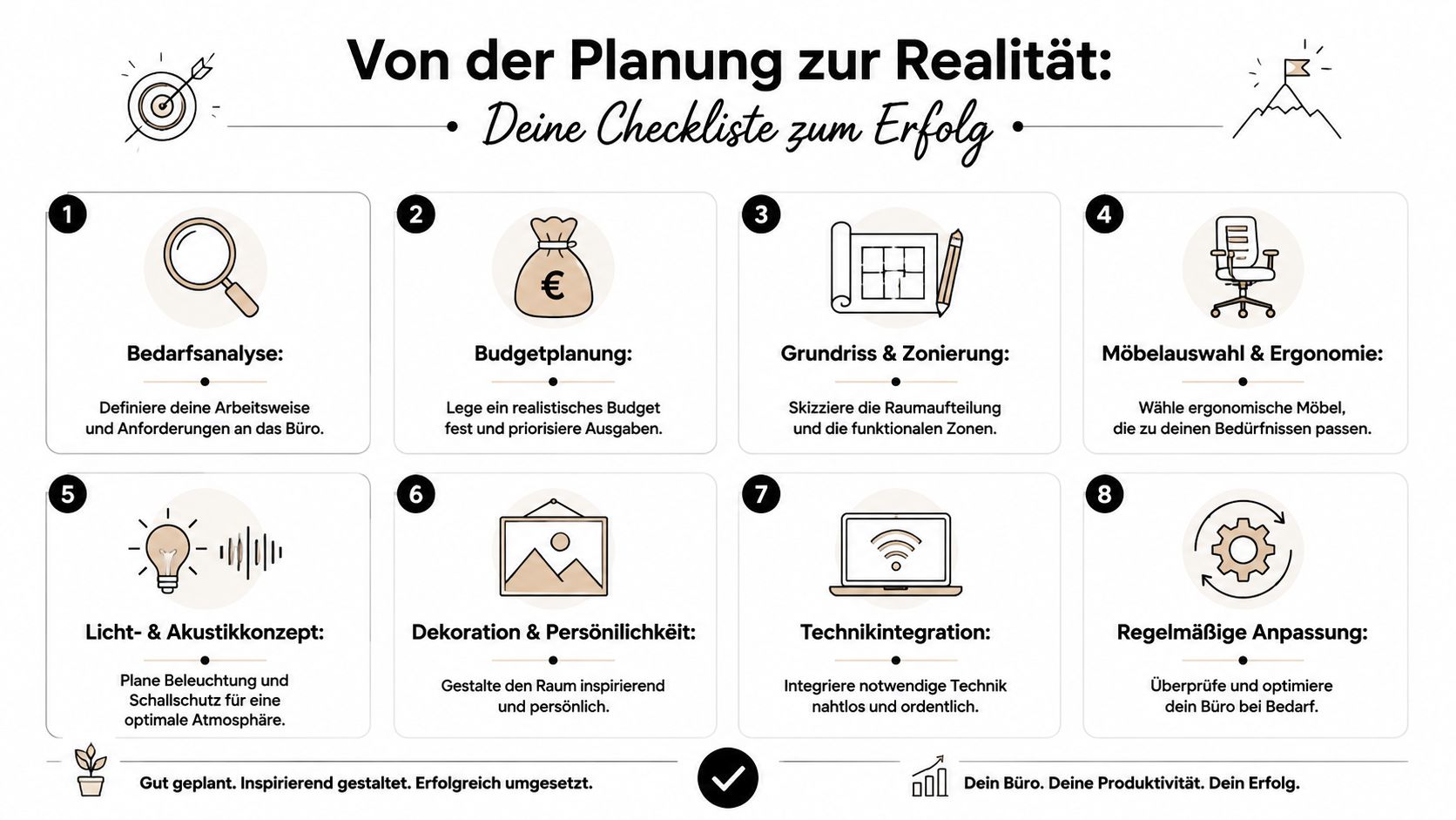 Eine strukturierte Checkliste für die erfolgreiche Planung und Einrichtung eines funktionalen und inspirierenden Büroarbeitsplatzes in acht Schritten.