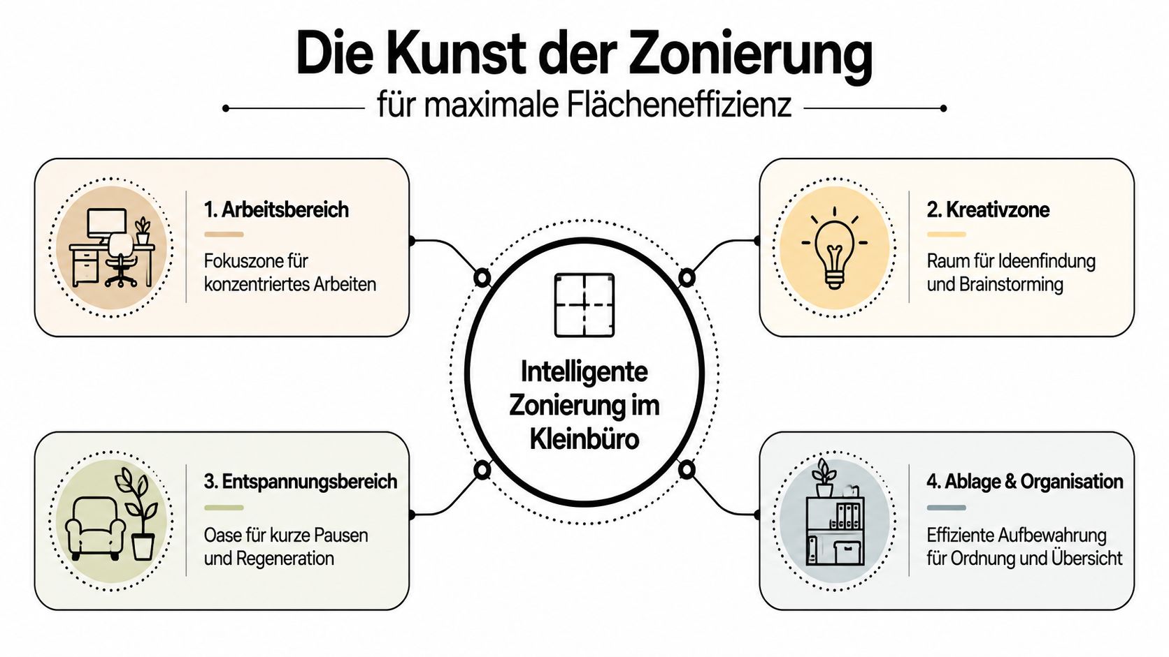 Grafik zur intelligenten Zonierung eines kleinen Büros für optimale Flächennutzung und effizientes Arbeiten im Alltag.