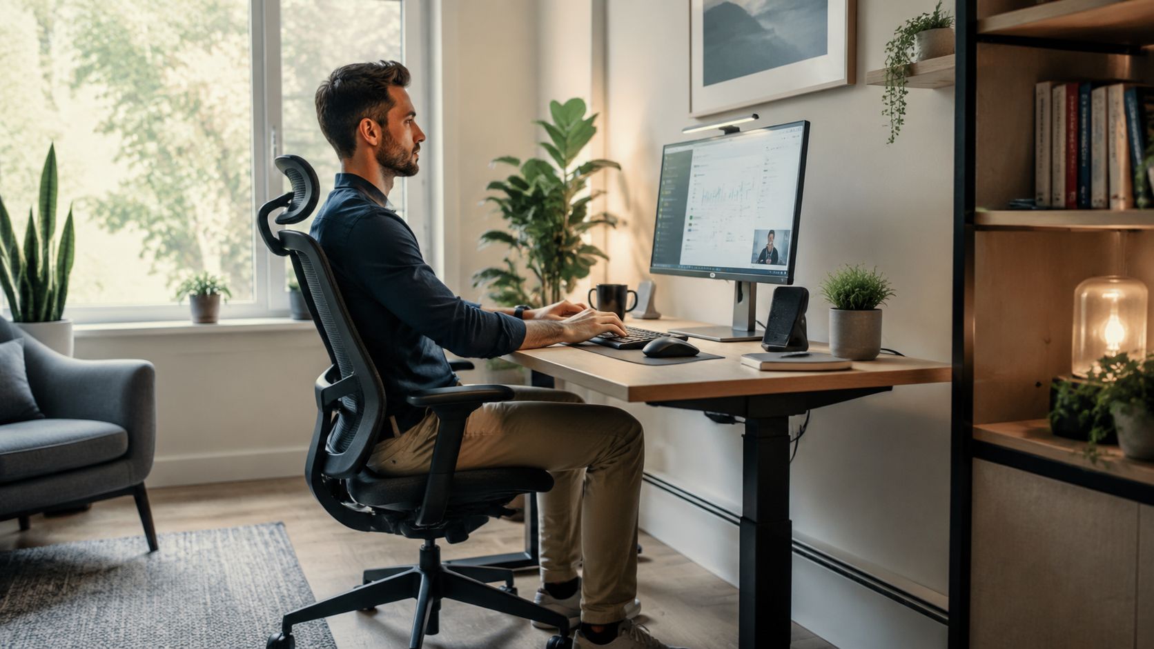 Ein Mann arbeitet konzentriert in einem modern eingerichteten kleinen Home-Office mit einem ergonomischen Schreibtisch und Stuhl.