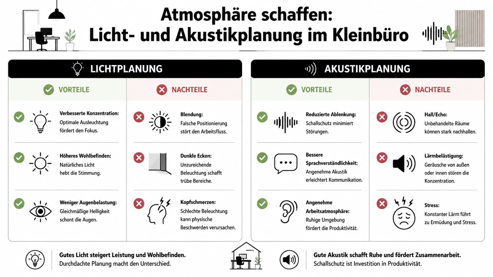 Eine Infografik zur Licht- und Akustikplanung in kleinen Büros mit Vor- und Nachteilen für eine optimale Arbeitsumgebung.