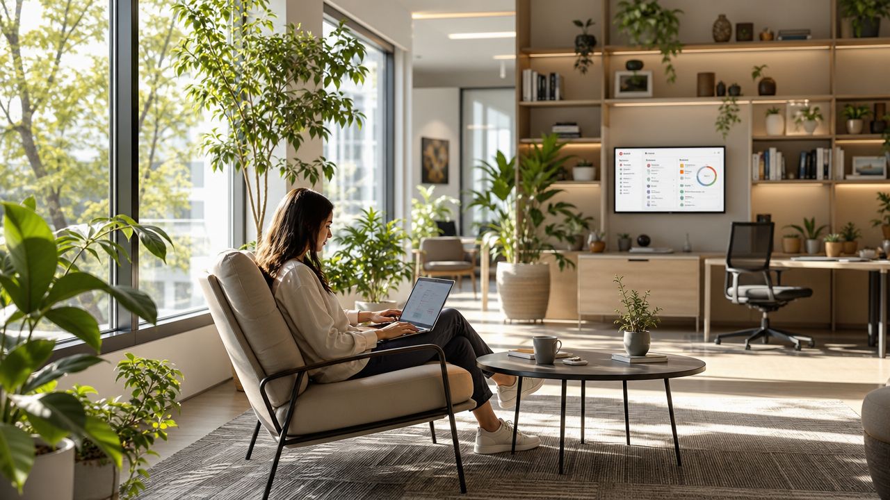 Eine Frau arbeitet entspannt mit ihrem Laptop in einem modernen, sonnendurchfluteten Büro mit vielen grünen Zimmerpflanzen.