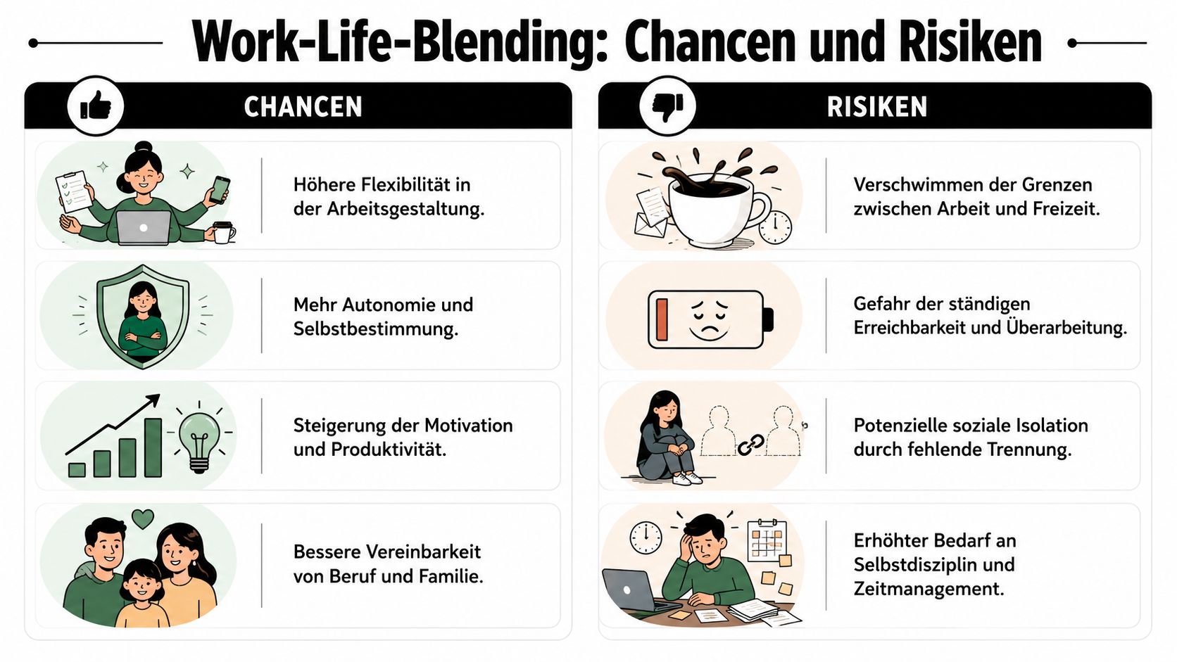 Eine Infografik mit Chancen und Risiken des Work-Life-Blending im Vergleich für eine bessere berufliche Balance.