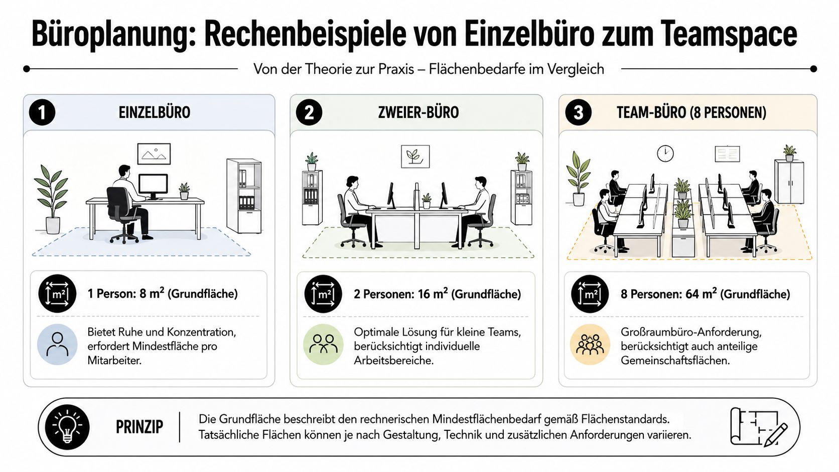 Vergleich von Bürokonzepten zeigt den Mindestflächenbedarf pro Arbeitsplatz vom Einzelbüro bis hin zum großen Teambüro.