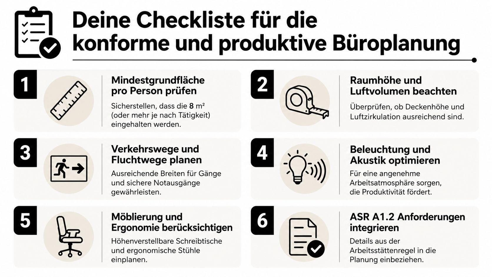 Checkliste zur rechtskonformen und produktiven Büroplanung mit sechs wichtigen Schritten für eine ergonomische Arbeitsplatzgestaltung.