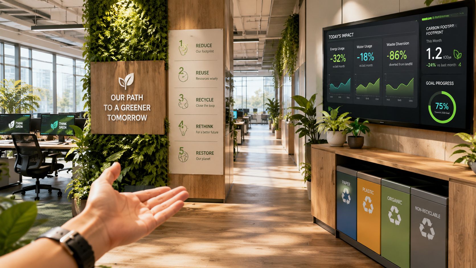 Eine Hand zeigt auf ein modernes, nachhaltiges Büro mit grünen Pflanzen und digitalen Umwelt-Statistiken an der Wand.