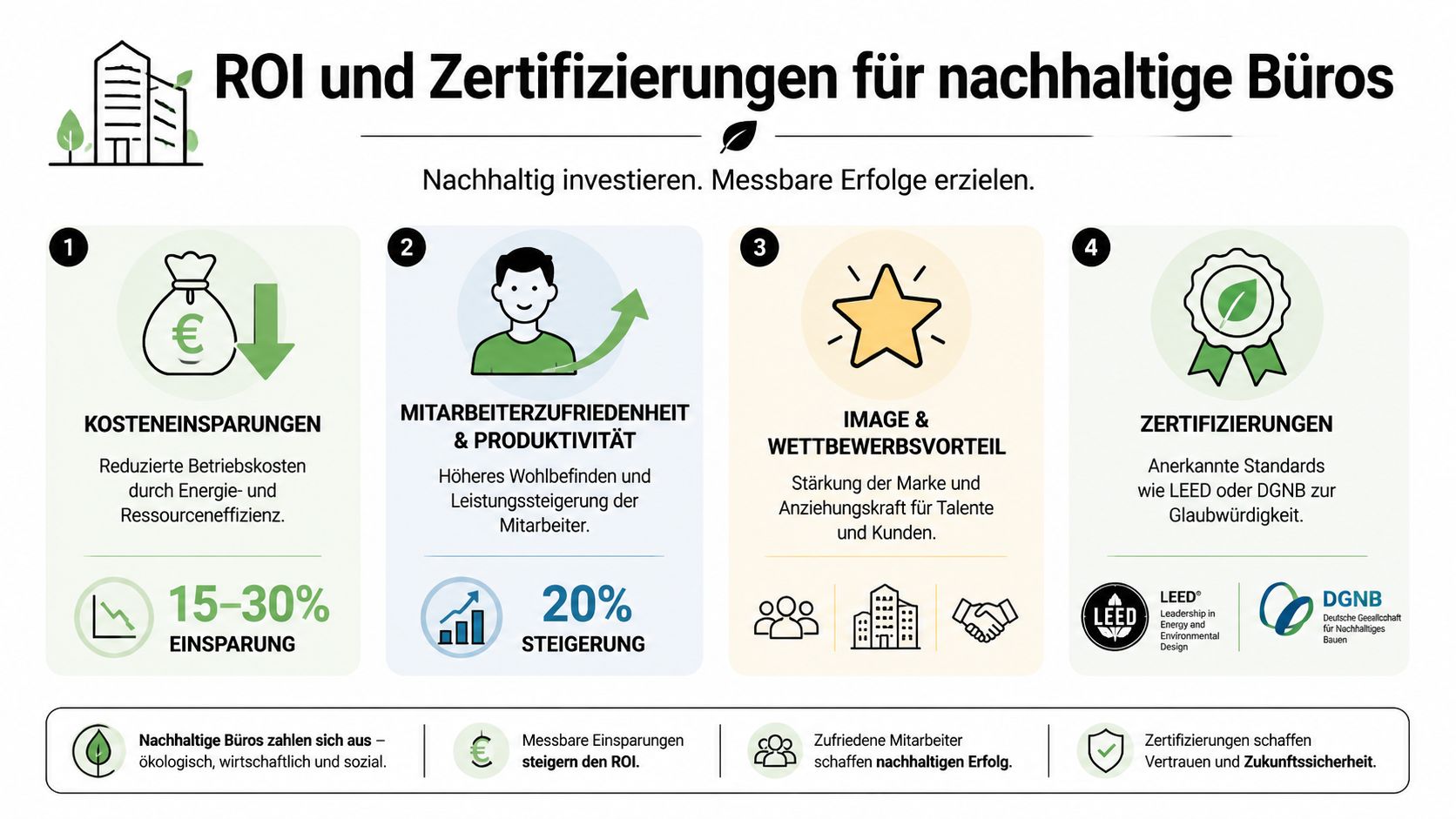 Eine Infografik über den ROI und die Vorteile von Zertifizierungen für nachhaltige Bürogebäude und Arbeitsumgebungen.