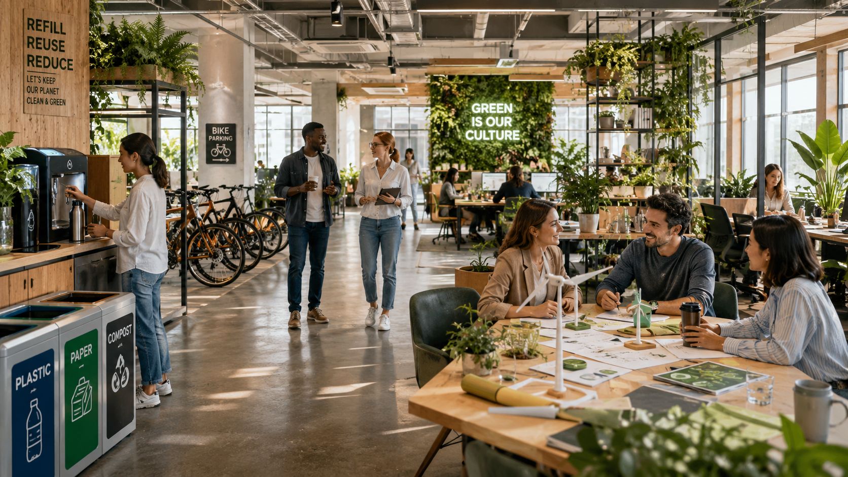 Ein helles und nachhaltiges Büro mit Mitarbeitern, die zusammenarbeiten, Pflanzen und Recyclingstationen zur Förderung der Umweltfreundlichkeit.