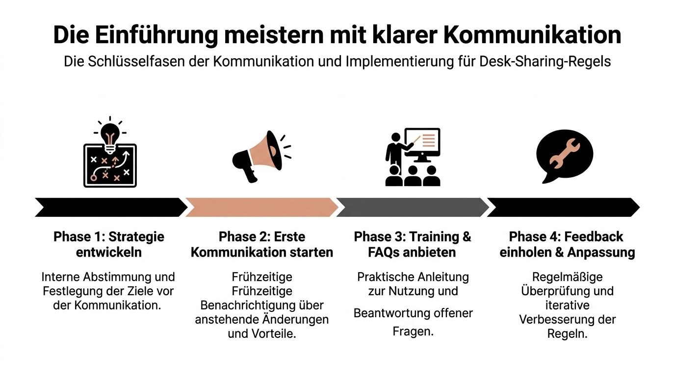 Grafik zur Einführung von Desk-Sharing-Regeln durch vier Phasen von Strategie bis Feedback und Anpassung.