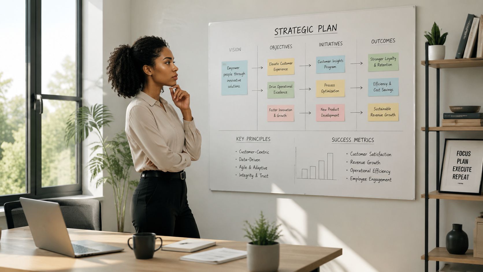 Eine Frau steht nachdenklich vor einem Whiteboard mit einer strategischen Geschäftsplanung in einem modernen hellen Büro.