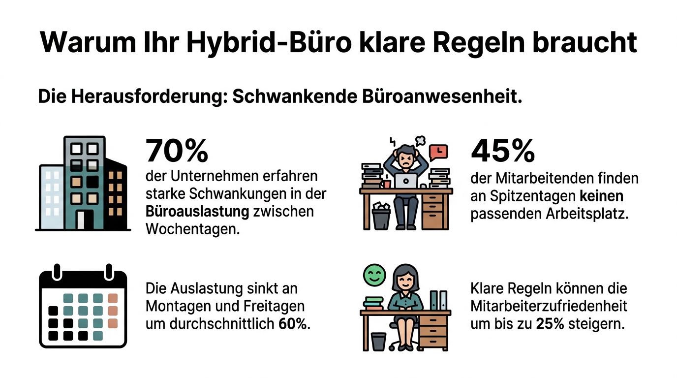 Infografik über die Notwendigkeit klarer Regeln im Hybrid-Büro zur Optimierung der Arbeitsplatzauslastung und Mitarbeiterzufriedenheit.